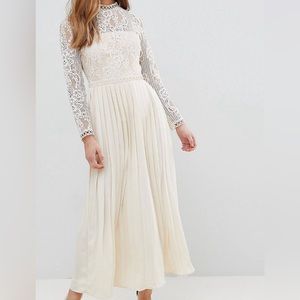 Little Mistress Sheer Lace Top Midaxi Dress With Pleated Skirt